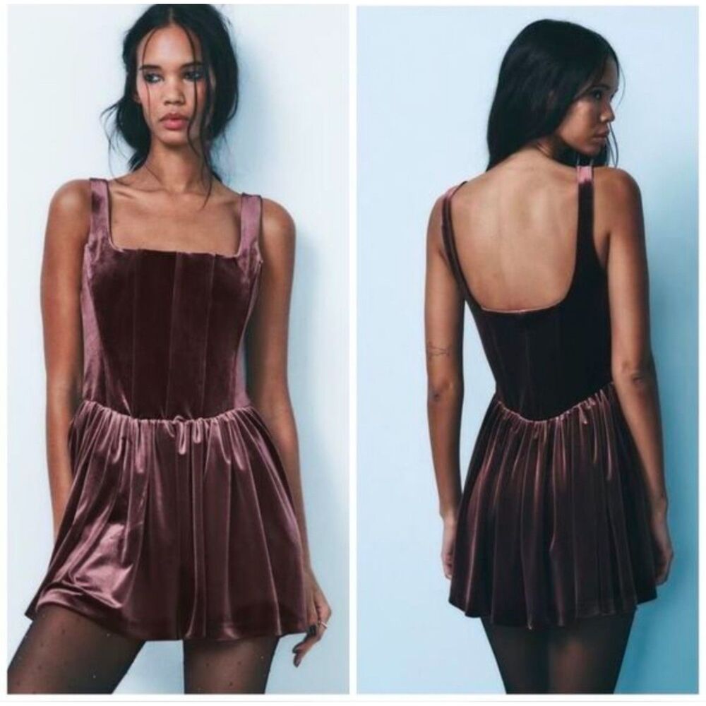 Zara Velvet Corset Mini Dress M Chocolate Plum Burgundy Ruched NWT 9194/072